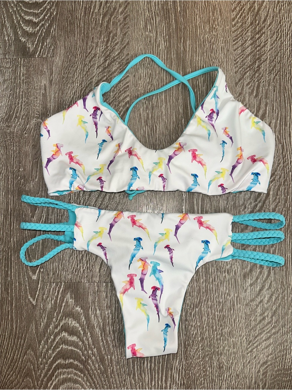 Women’s Reversible White & Aqua Hammerhead Print Bikini with Aqua Straps Sz M